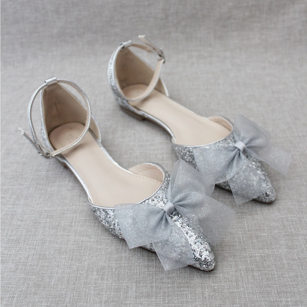 Rock Glitter Pointy Toe Flats with Organza Bow